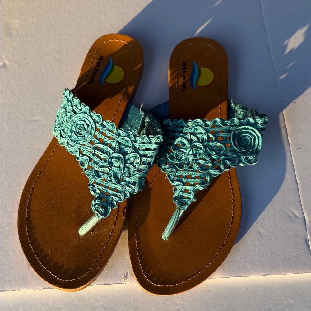 Turquoise Braided Floral Thong Sandals for Women